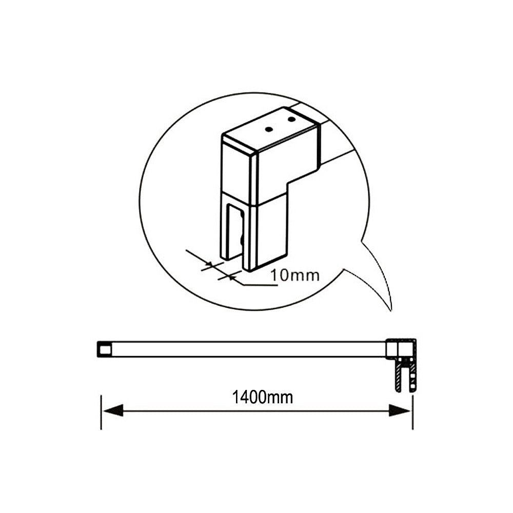 Paroi de douche sans cadre en verre 8 mm avec 2 barres de fixation – schéma de la barre de fixation 1400 mm et de son support