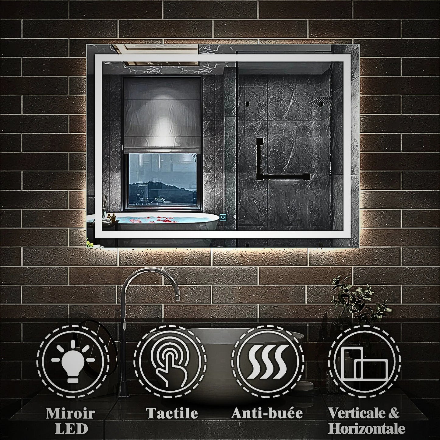 Miroir avec éclairage LED pour salle de bain anti-buée interrupteur tactile