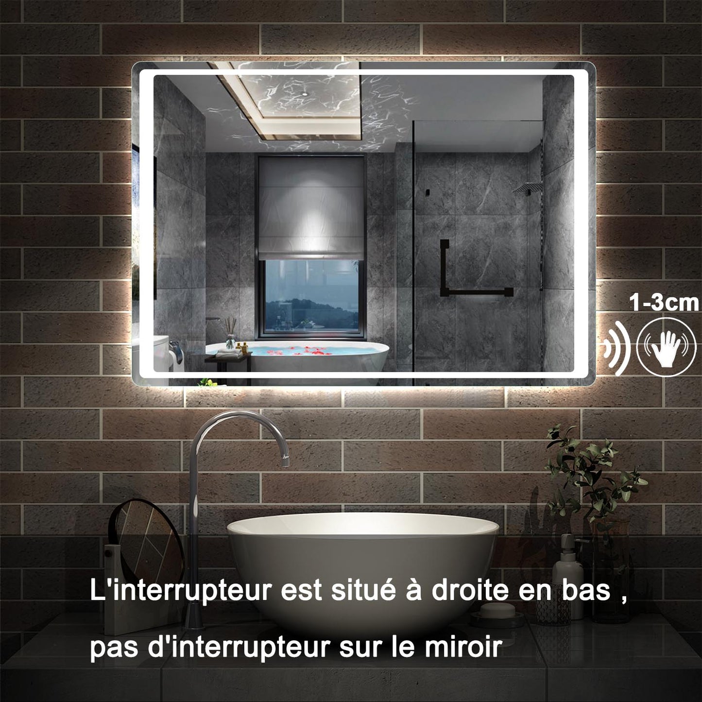 miroir led salle de bain senseur de mouvement 1-3 cm activation led antibuée