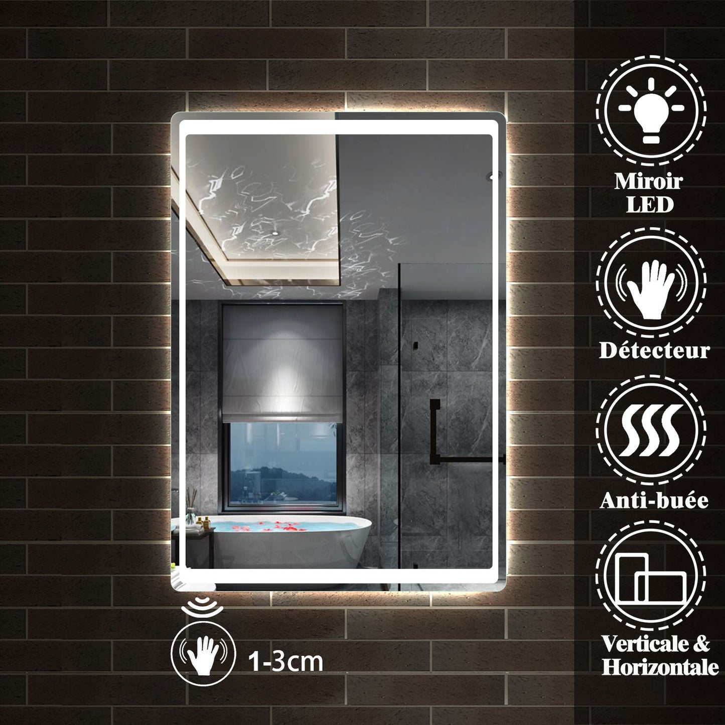 Miroir LED avec senseur de mouvement - antibuée - installation réversible