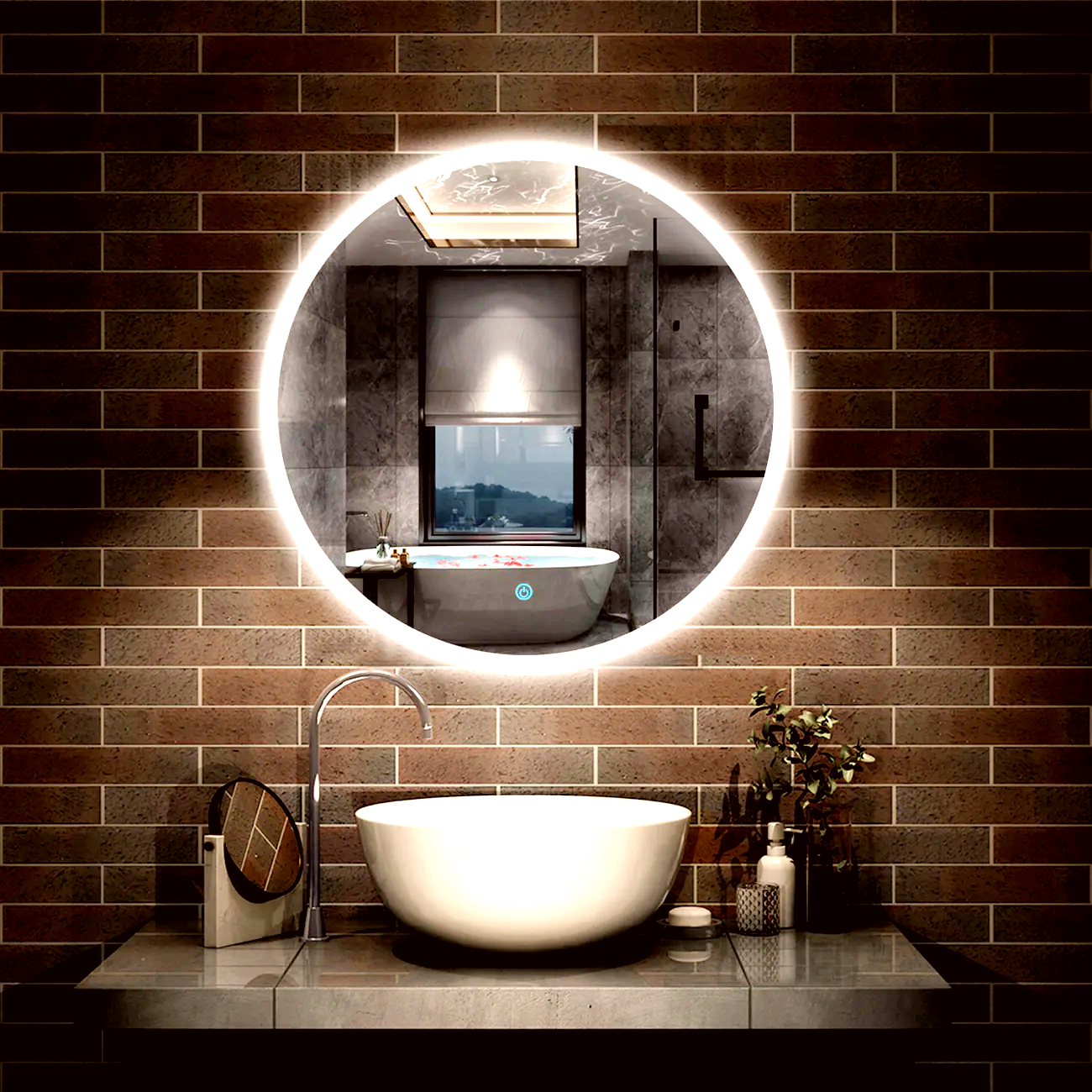 Miroir circulaire antibuée avec lumière LED à luminosité dimmable pour salle de bain