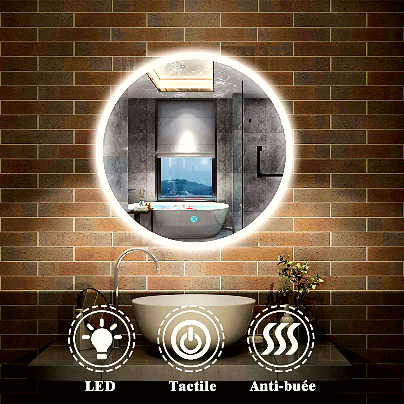 Miroir circulaire antibuée avec lumière LED à luminosité dimmable pour salle de bain