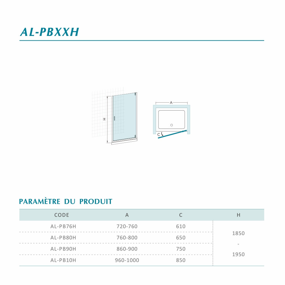 Porte de douche pivotante en 6mm transparent hauteur 185-195 cm - Ouverture 180°