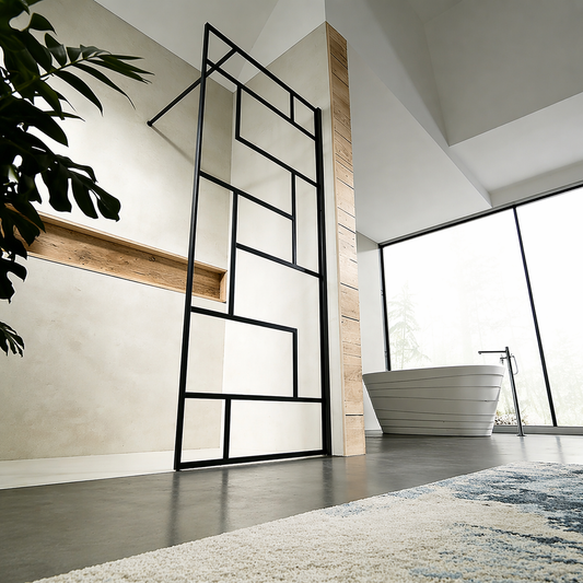 Paroi de douche à sérigraphie noire barre de stabilisation 140cm en alu noir mat - vue 2