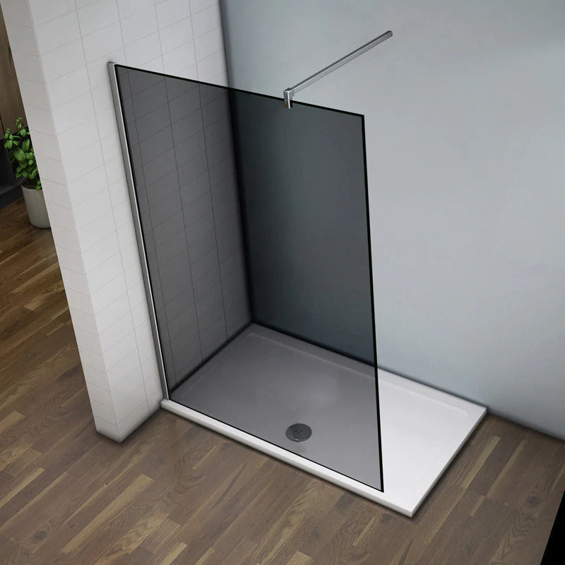 Paroi de douche en verre fumé 8mm trempé avec profilé mural et barre de maintien 140 ou 90cm