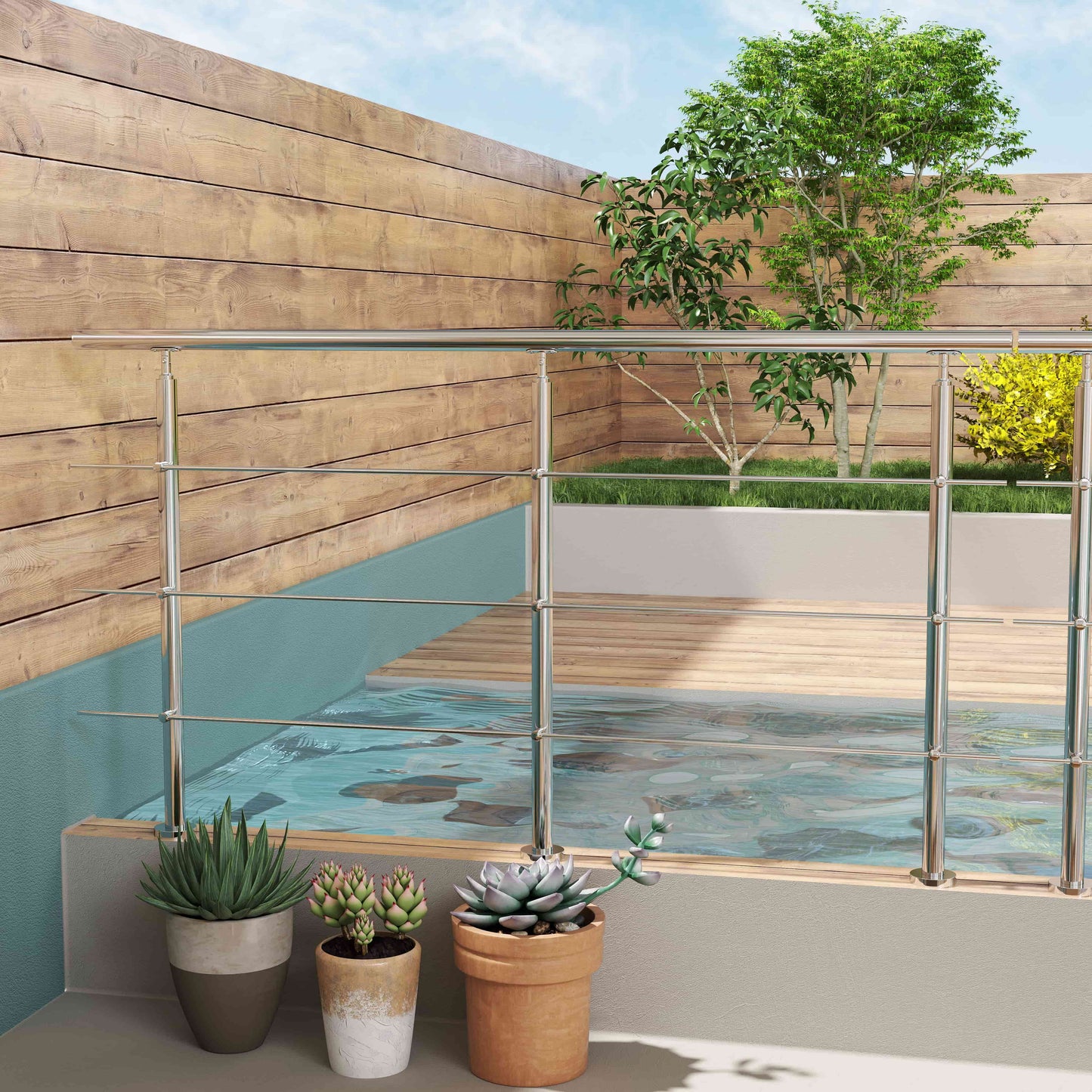Garde-corps en inox 304 pour terrasse ou escalier à 3 traverses fixation à plat