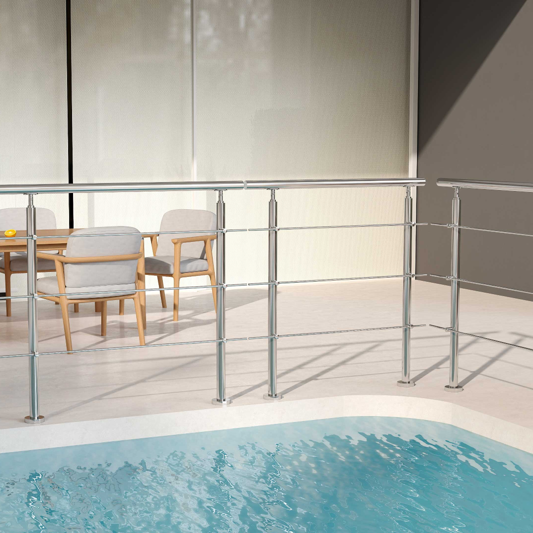 Garde-corps en inox 304 pour terrasse ou escalier à 3 traverses fixation à plat
