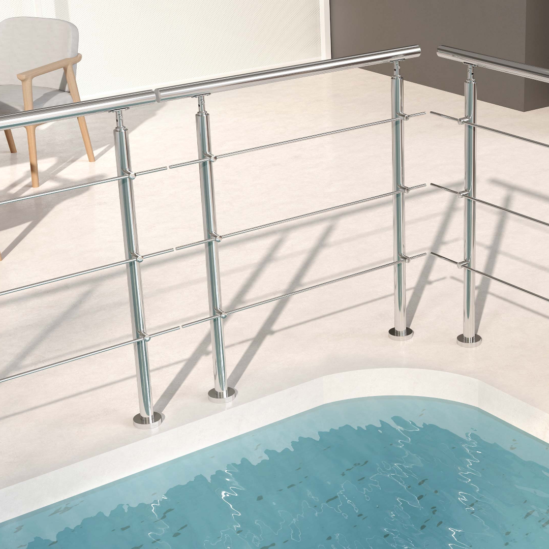 Garde-corps en inox 304 pour terrasse ou escalier à 3 traverses fixation à plat