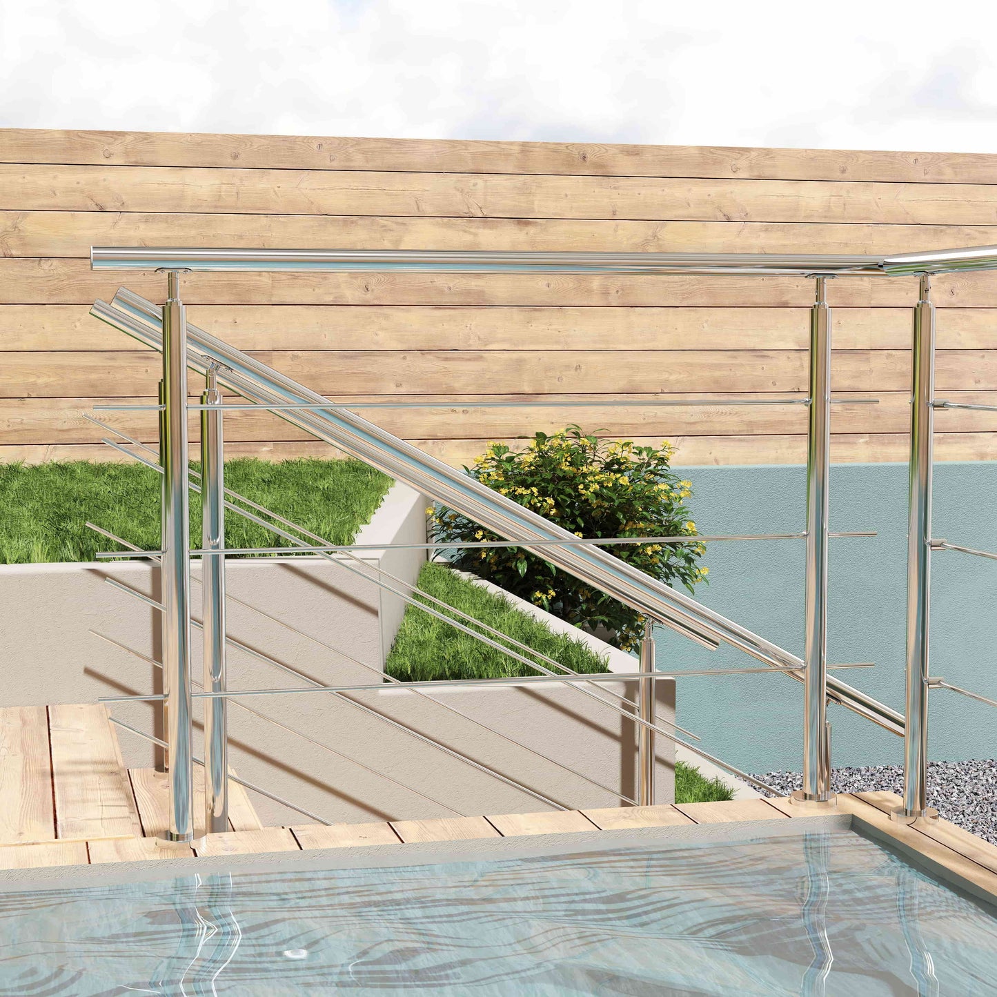 Garde-corps en inox 304 pour terrasse ou escalier à 3 traverses fixation à plat
