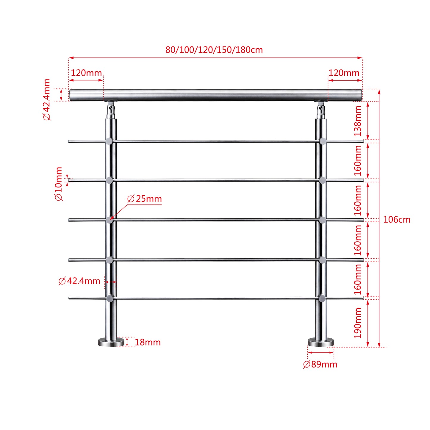 Kit Garde-corps en acier inoxydable Balustrade à 5 traverses largeur 80 à 200cm fixation à plat