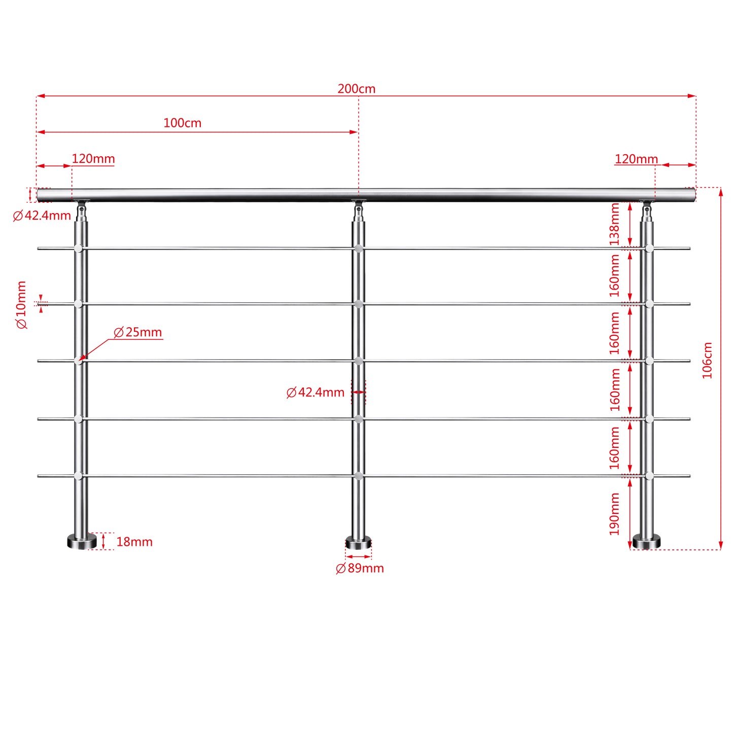 Kit Garde-corps en acier inoxydable Balustrade à 5 traverses largeur 80 à 200cm fixation à plat