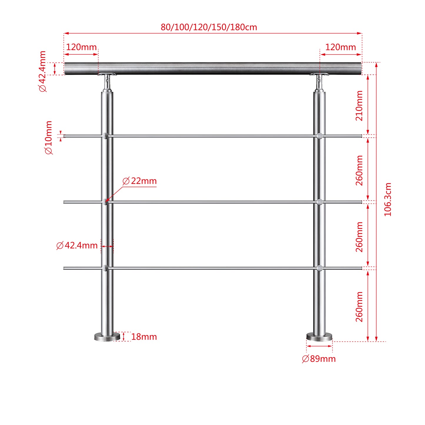 Garde-corps en inox 304 pour terrasse ou escalier à 3 traverses fixation à plat