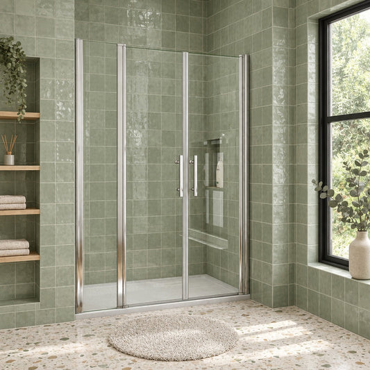 Porte de douche battante avec élément fixe – en situation dans une salle de bain