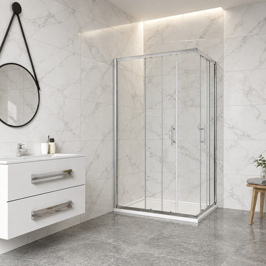 Cabine de douche coulissante accès d'angle – en situation dans une salle de bain