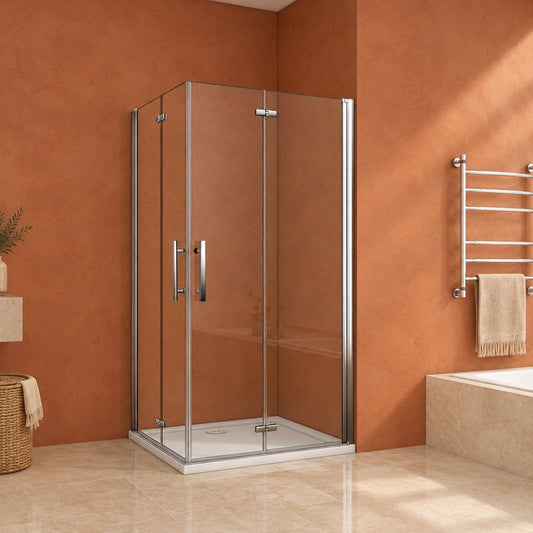 Cabine de douche pivotante-pliante accès d'angle – en situation dans une salle de bain