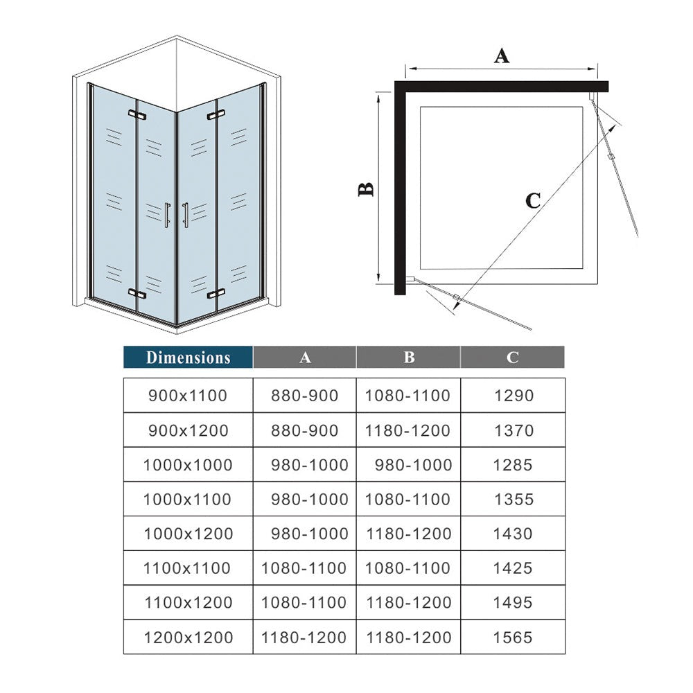 Cabine de douche pliante accès d'angle – schéma et dimensions