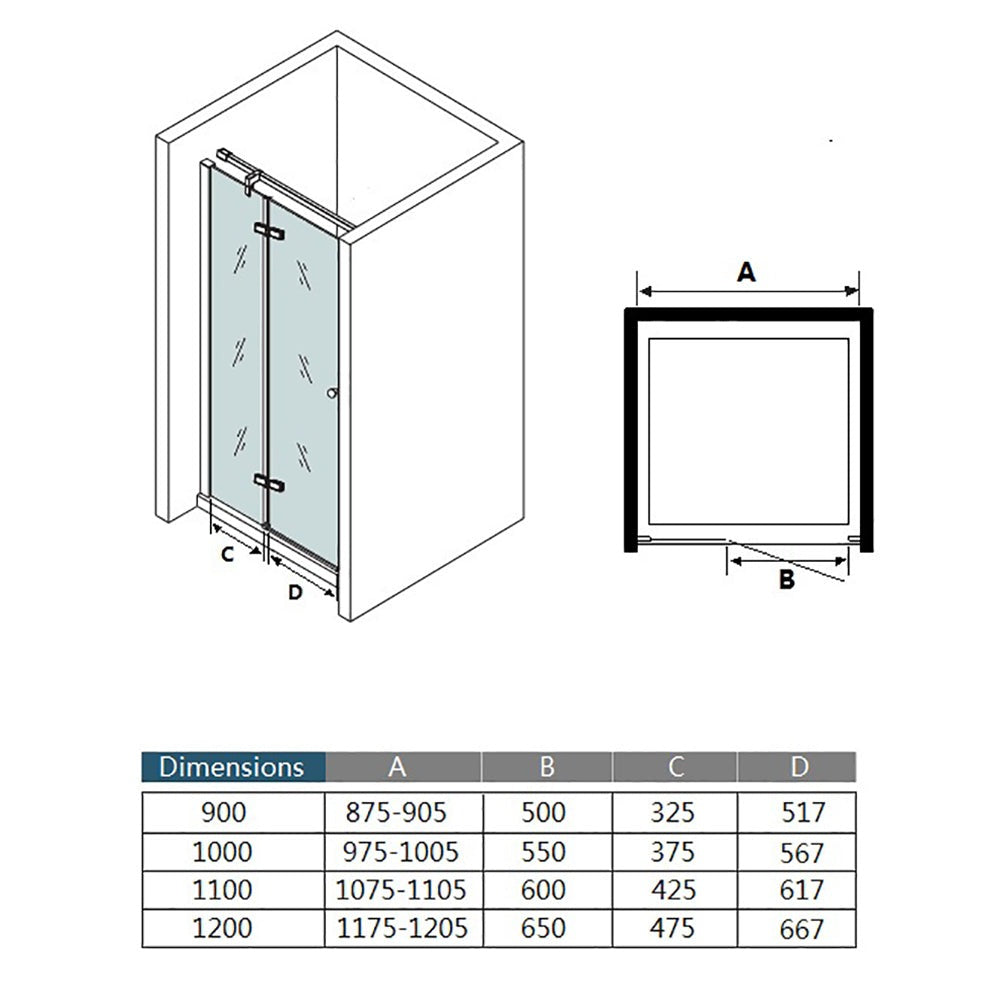 Porte de douche pivotante-pliante – schéma et dimensions