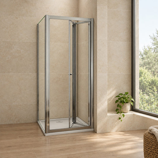 Cabine de douche pliante accès d'angle – en situation dans une salle de bain