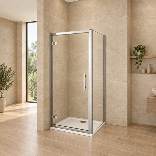 Cabine de douche pivotante accès d'angle – en situation dans une salle de bain