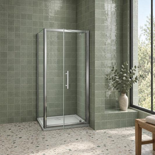 Cabine de douche pivotante accès d'angle – en situation dans une salle de bain