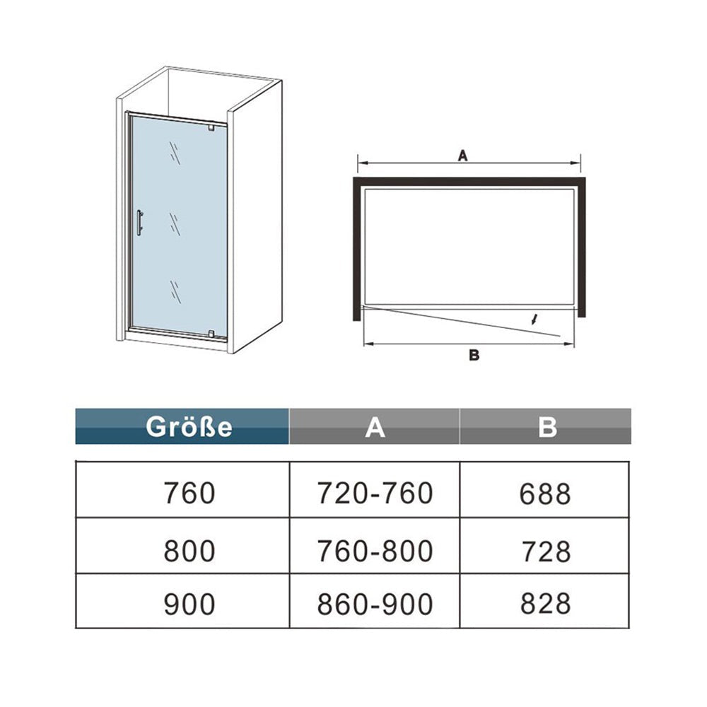 Porte de douche pivotante pour niche – schéma et dimensions