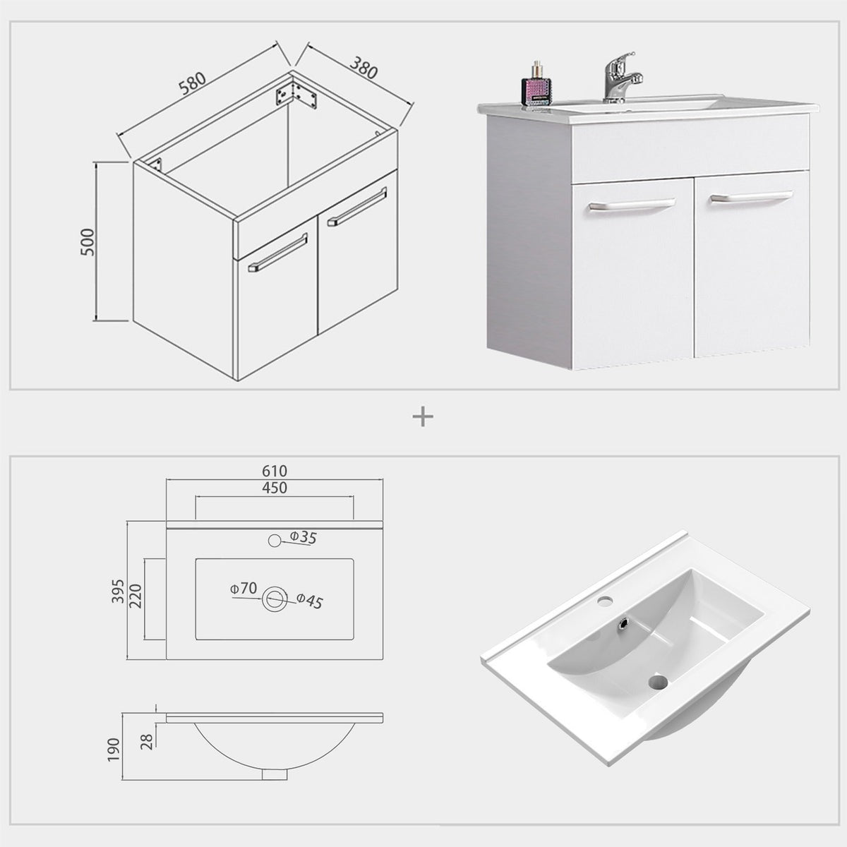 Meuble sous-vasque suspendu 58 cm avec vasque en céramique – dans une salle de bain