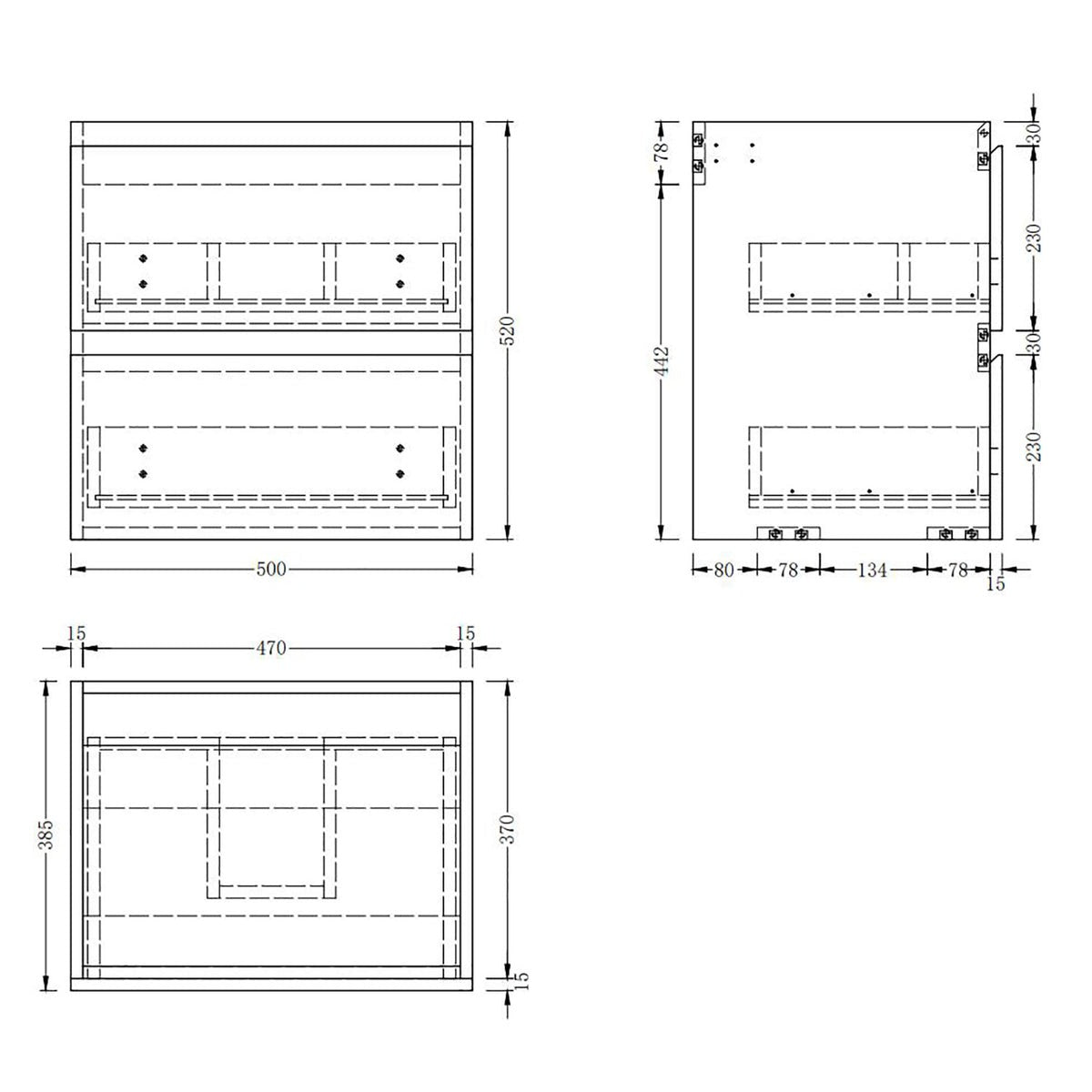 Meuble sous-vasque suspendu 50 cm avec vasque en résine – vue produit et dimensions