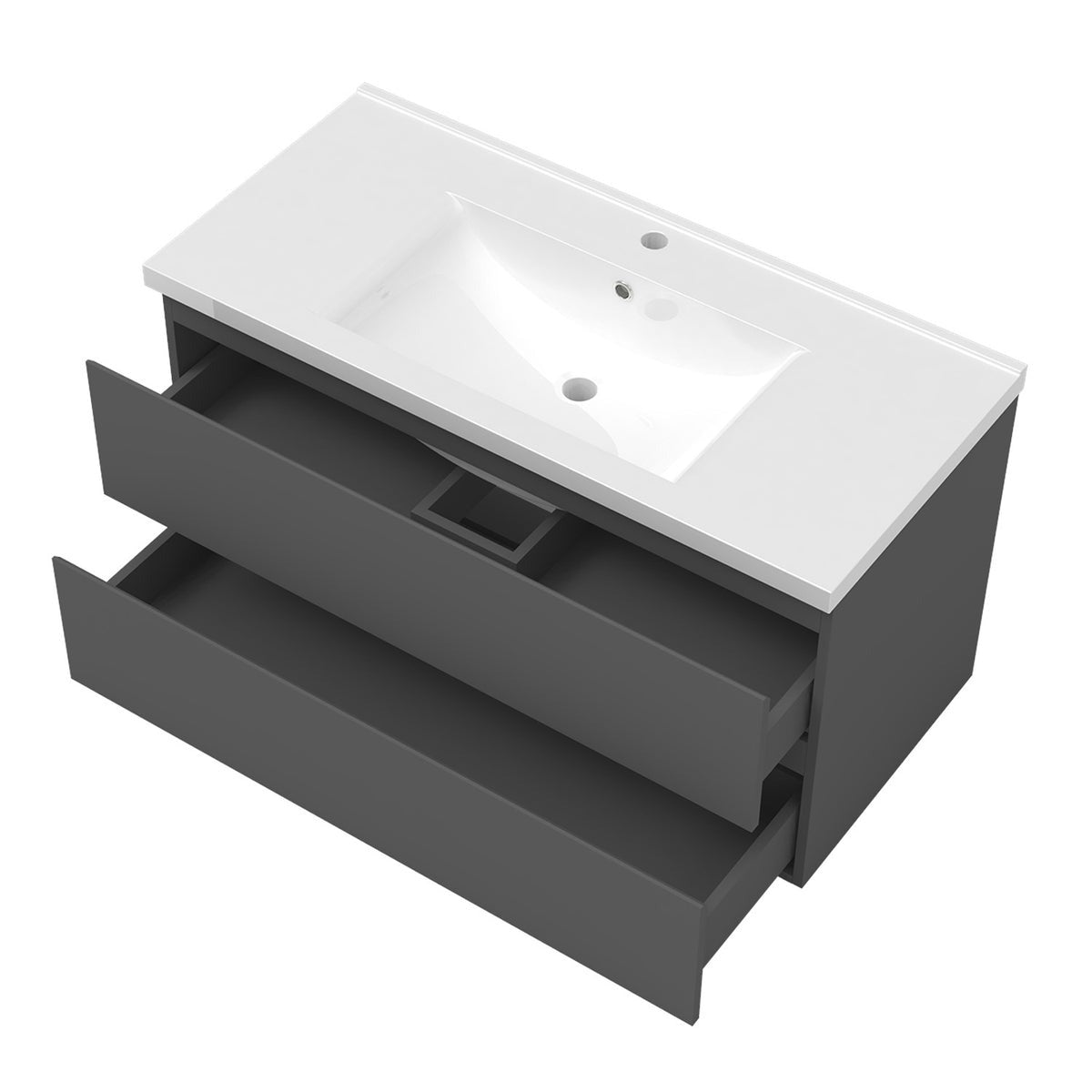 Ensemble de salle de bain 100 cm suspendu : meuble sous-vasque + vasque + colonne – vue produit et dimensions