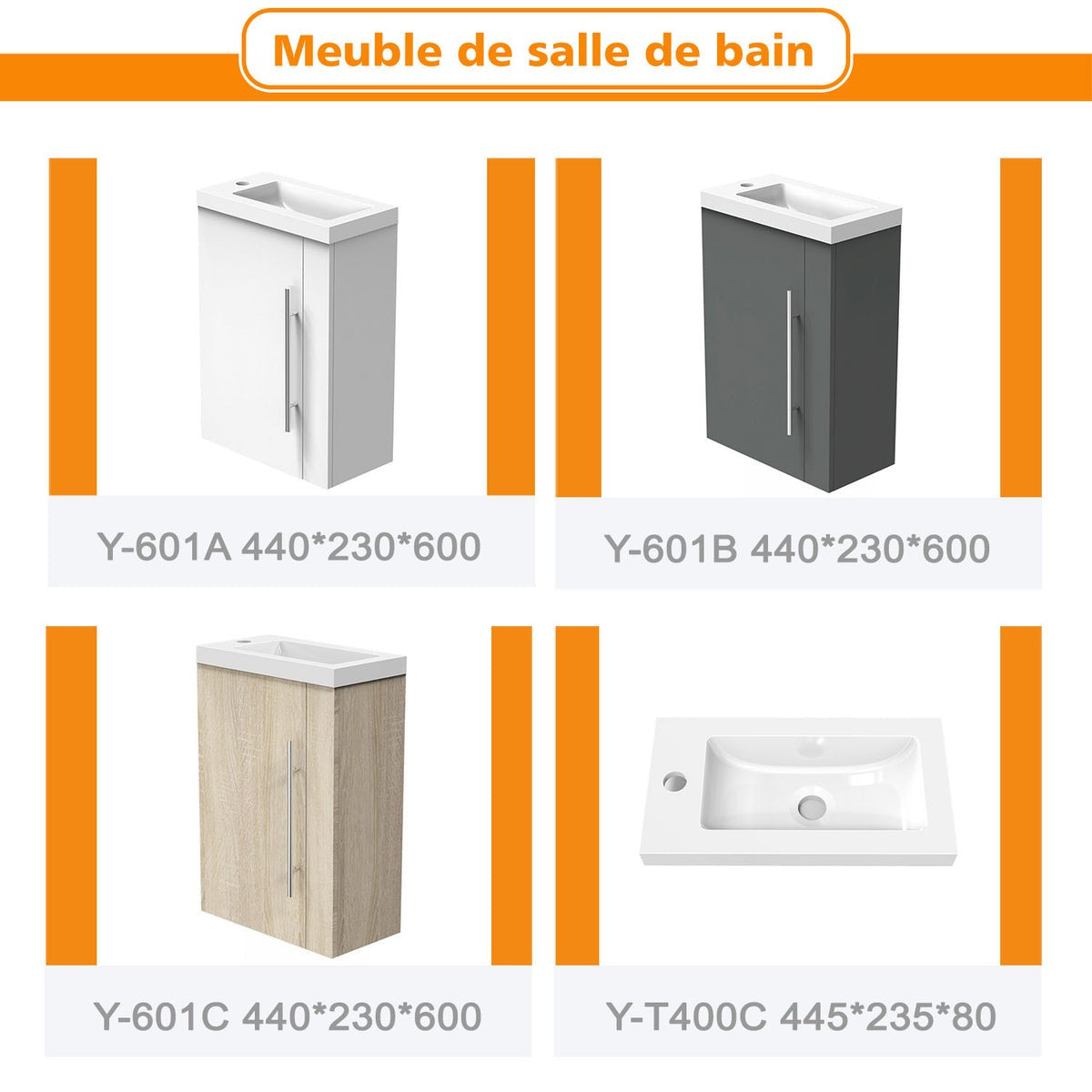 Meuble sous-vasque suspendu 44 cm avec vasque en résine, fermeture douce – vue produit et dimensions