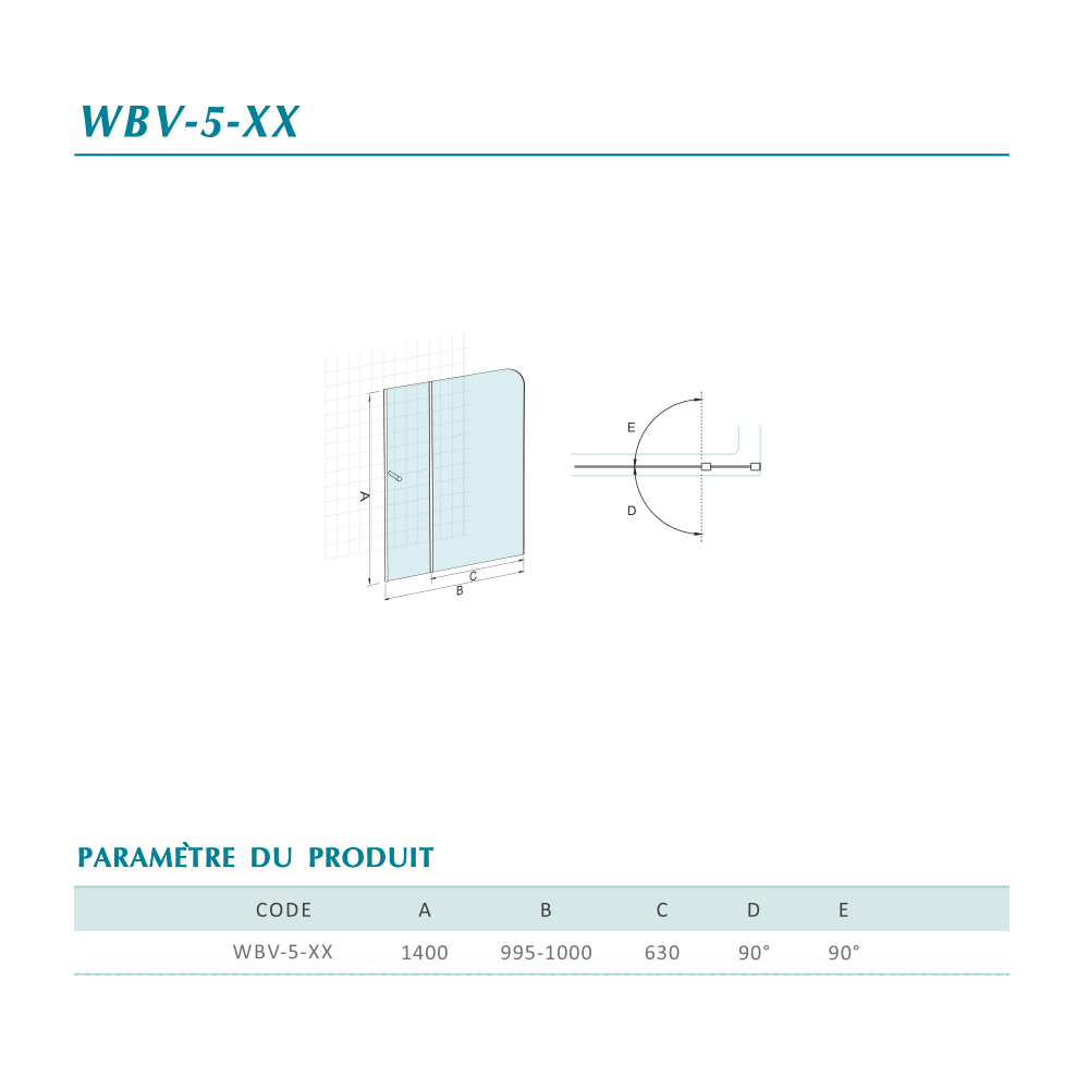 Pare-baignoire securit avec volet pivotant et barre de renfort en verre 5mm