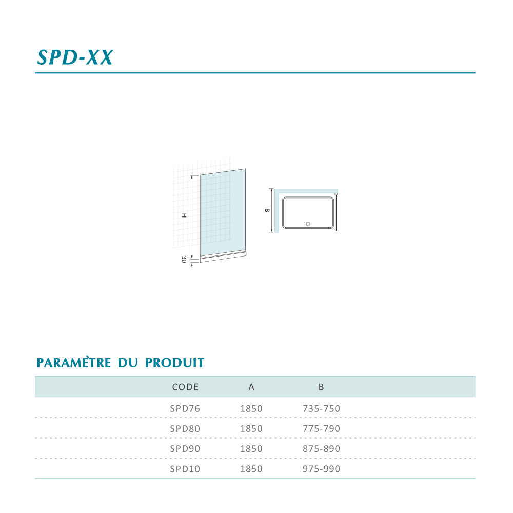 Paroi de douche fixe en verre 6 mm – schéma et tableau des dimensions