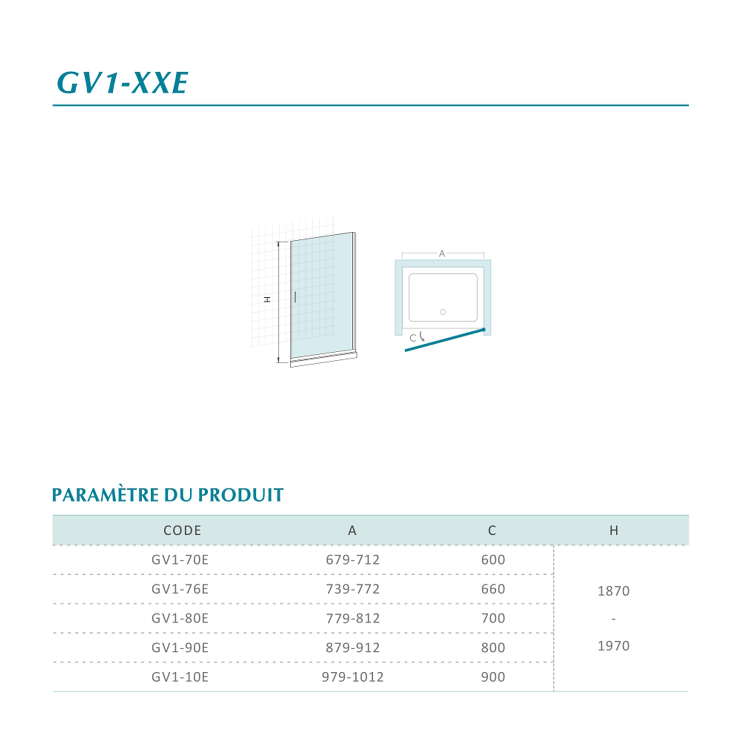 Porte de douche pivotante de hauteur 197 cm en verre transparent anticalcaire
