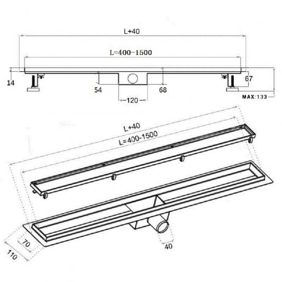 Caniveau de Douche Italienne INOX 40cm à 150cm à carreler avec grille en inox