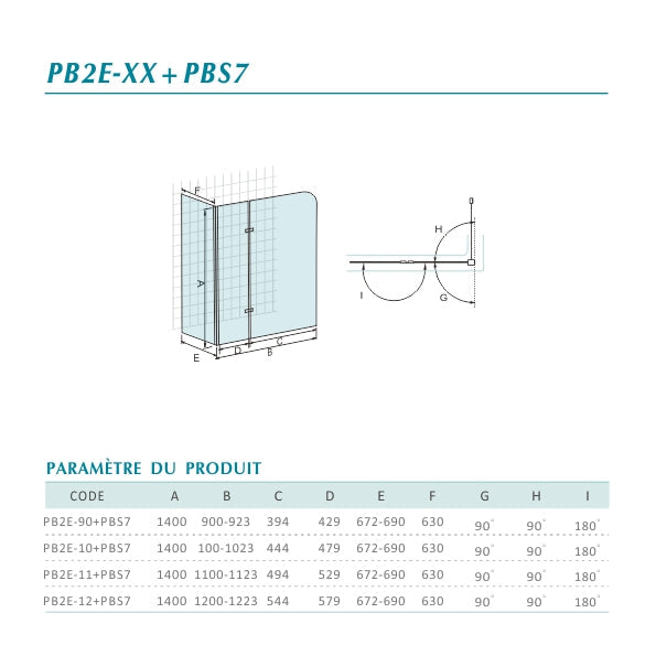 Pare-baignoire avec paroi fixe à 3 volets pivotant-pliant en verre 6mm anticalcaire