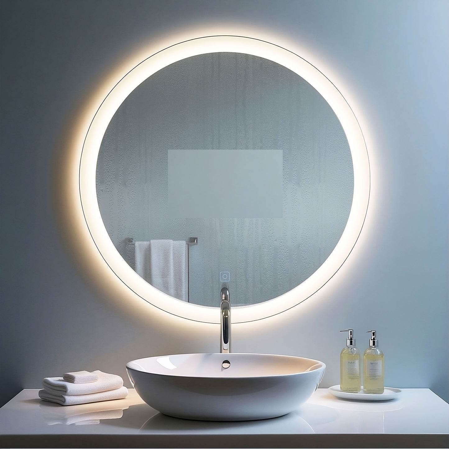 Miroir circulaire antibuée avec lumière LED à luminosité dimmable pour salle de bain