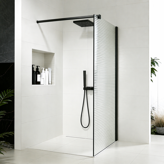 Paroi à l'italienne en verre ondulé 8mm avec profilé et barre 140cm en aluminium noir mat - vue 2