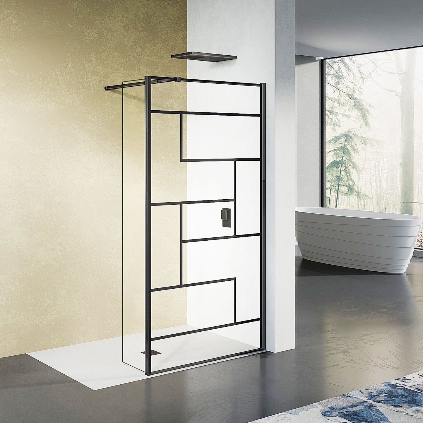 Paroi de douche sérigraphiée avec volet pivotant et barre de stabilisation extensible