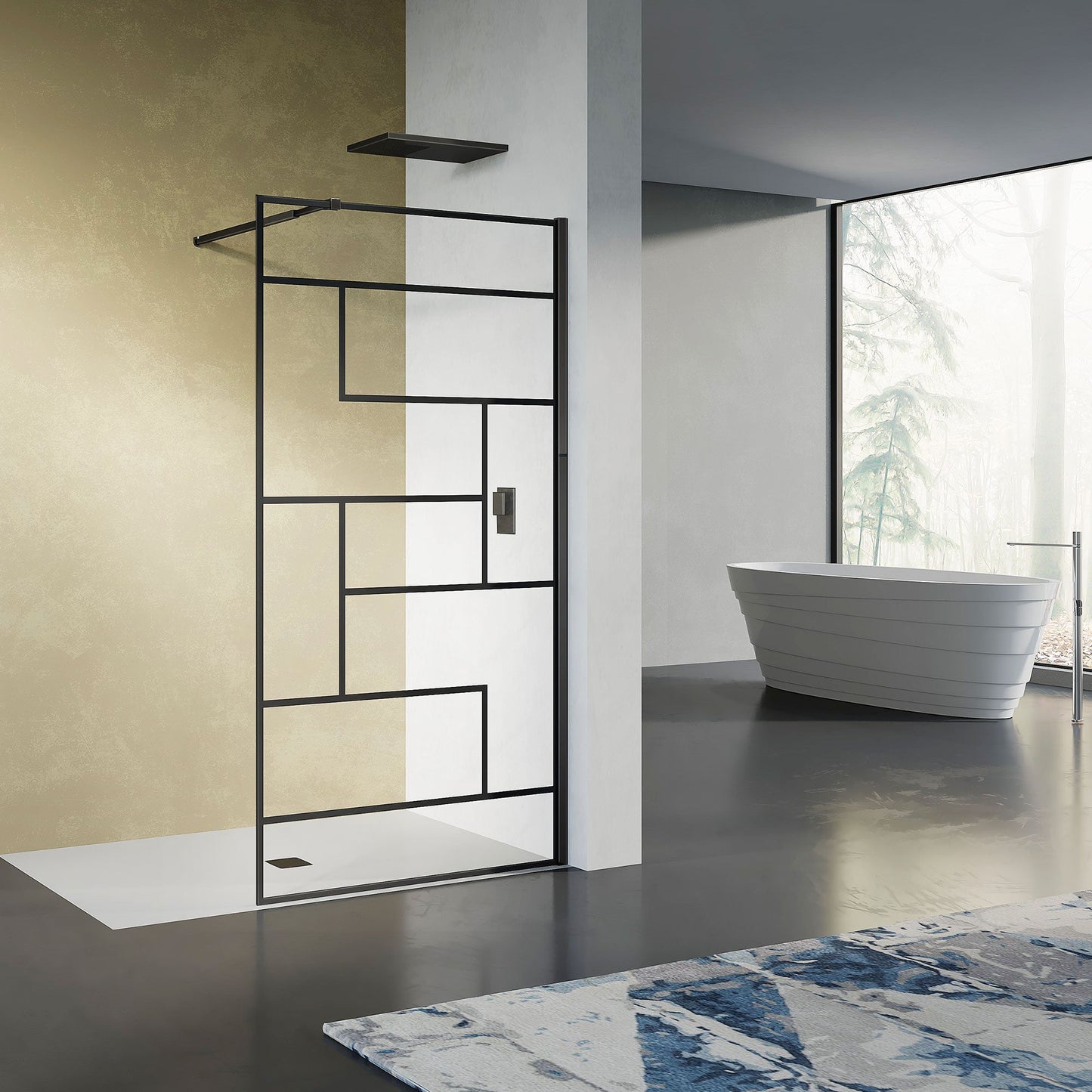 Paroi de douche sérigraphiée noir mat moderne avec barre de stabilisation extensible