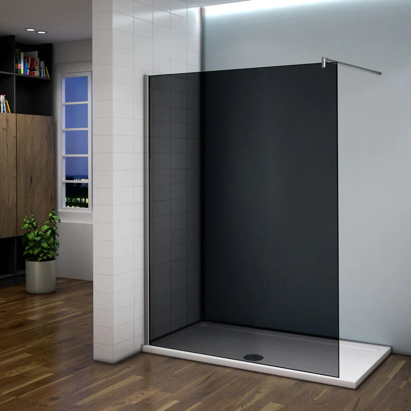 Paroi de douche en verre fumé 8mm trempé avec profilé mural et barre de maintien 140 ou 90cm