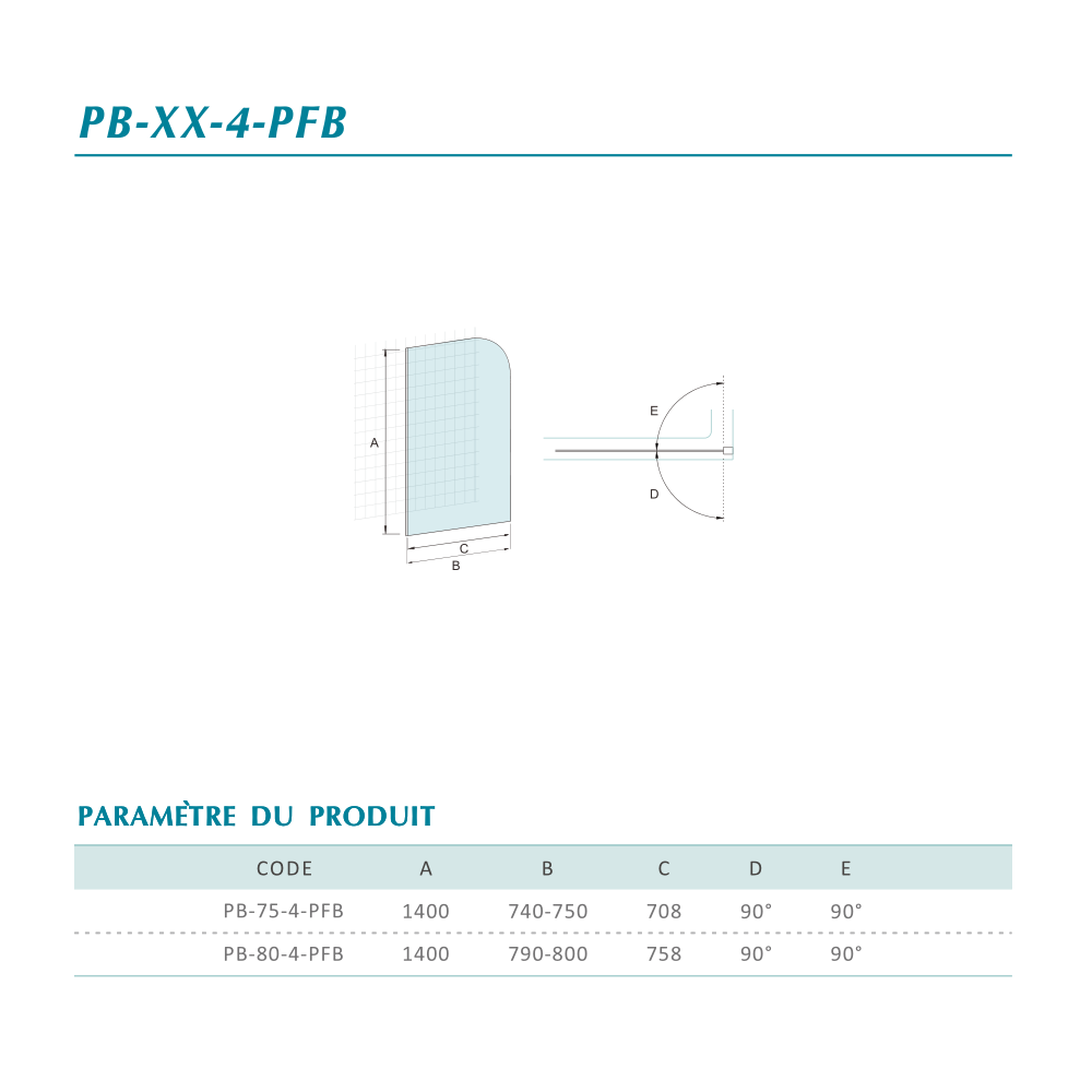 Pare-baignoire en verre transparent trempé 4 mm porte pivotante Hauteur 130 cm