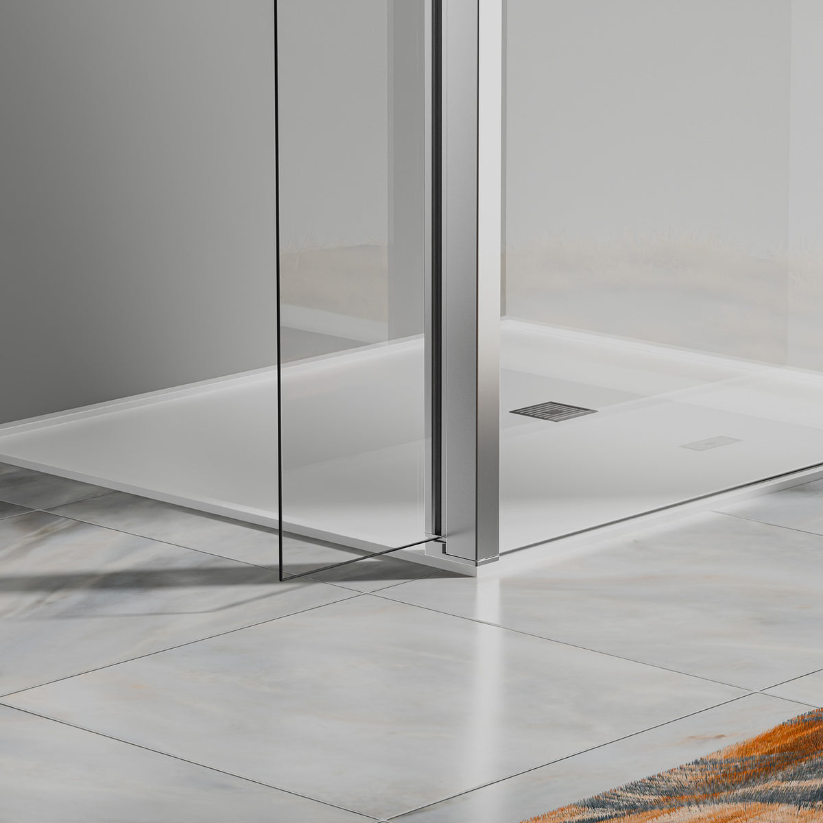 Paroi de douche chromée avec volet pivotant et barre extensible – volet entrouvert au sol