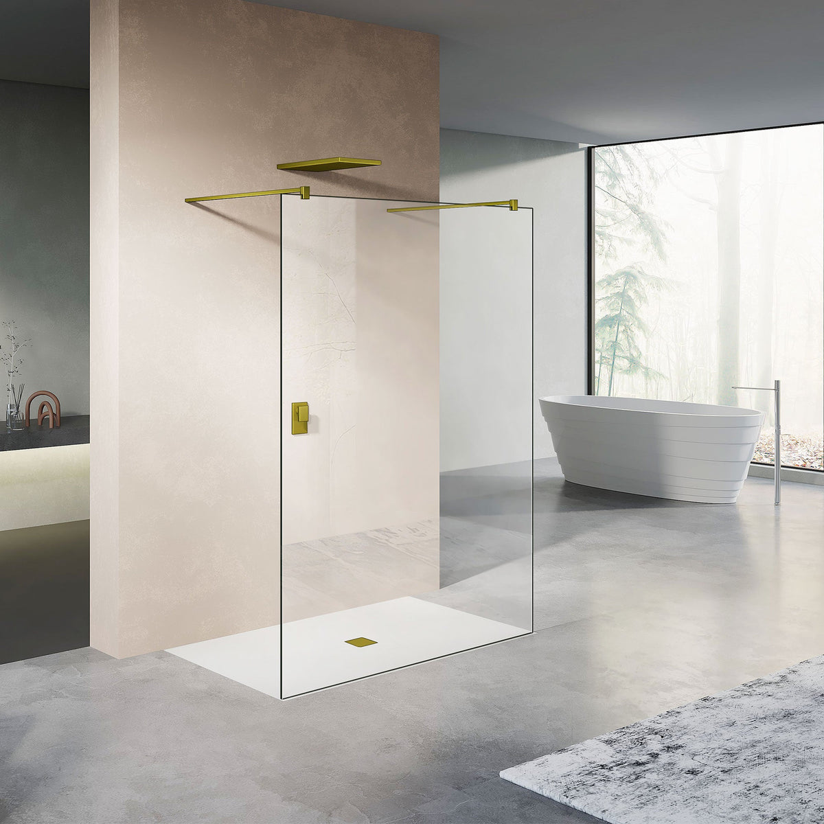 Paroi de douche à l'italienne accessible des deux côtés avec 2 barres – finition dorée dans une salle de bain