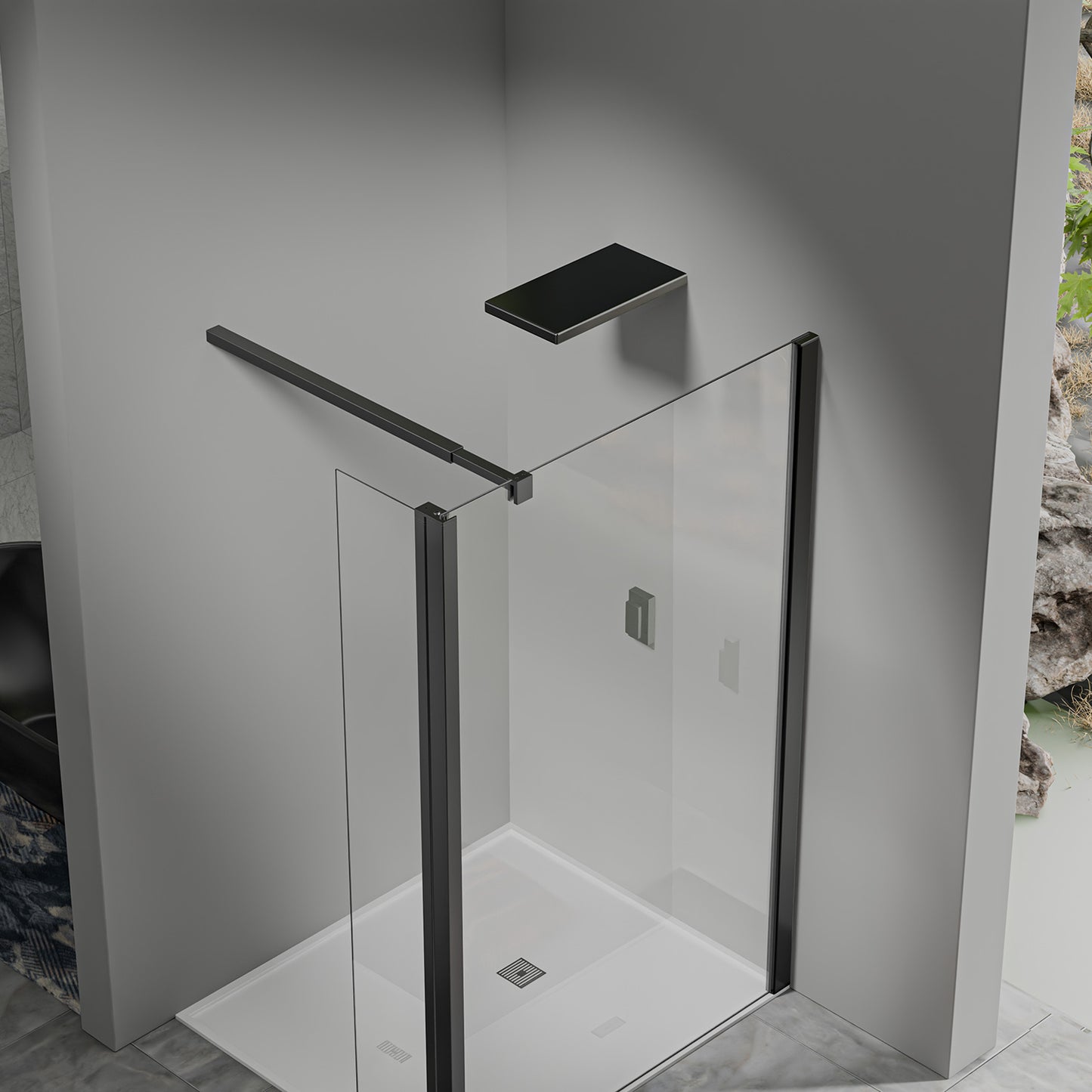 Paroi de douche à l’italienne avec déflecteur – Barre de fixation recoupable 140 cm – Finitions aluminium noir mat