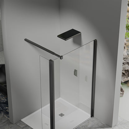 Paroi de douche fixe avec retour pivotant – Barre de fixation 90 cm – Accessoires aluminium noir mat