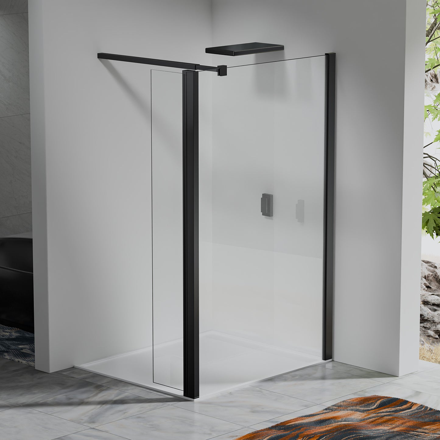 Paroi de douche fixe avec retour pivotant – Barre de fixation 90 cm – Accessoires aluminium noir mat