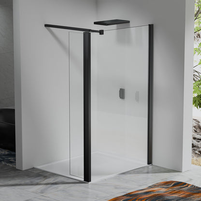 Paroi de douche fixe avec retour pivotant – Barre de fixation 90 cm – Accessoires aluminium noir mat
