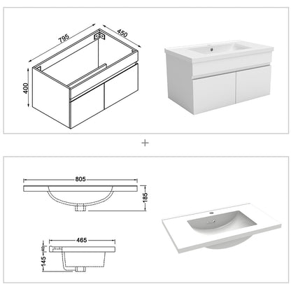 Meuble de salle de bain, sous vasque suspendue avec tiroirs de rangement 79x45x40