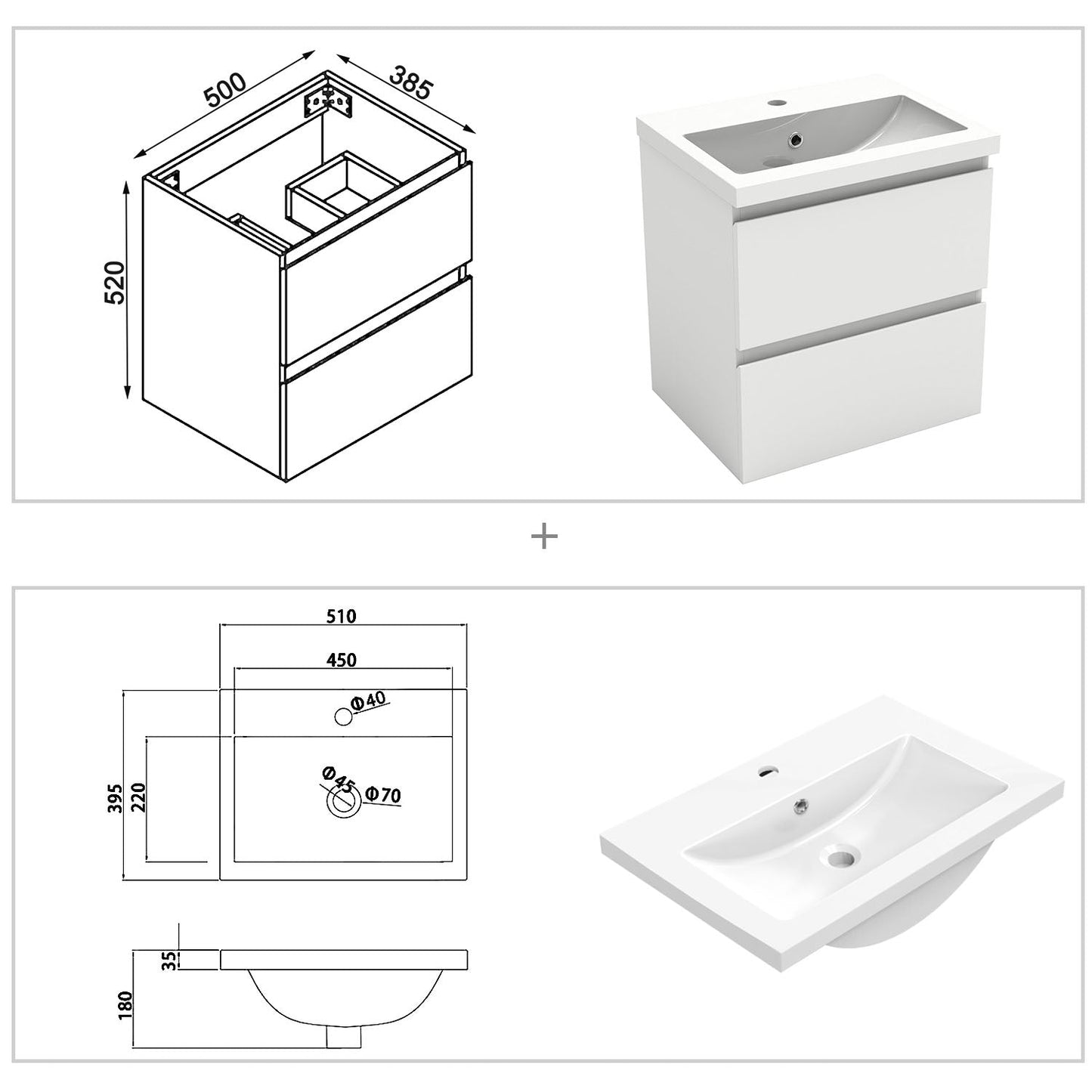 Meuble de salle de bain, Meuble sous vasque suspendu avec tiroirs de rangement 50cm, Blanc anthracite ou Bois Clair