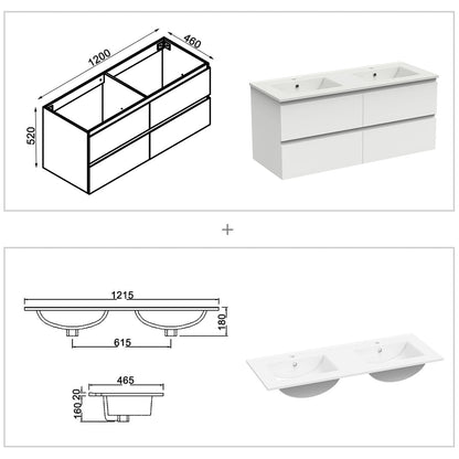 Meuble de salle de bain, Meuble de rangement avec lavabo suspendu 120cm, Blanc anthracite ou Bois Clair