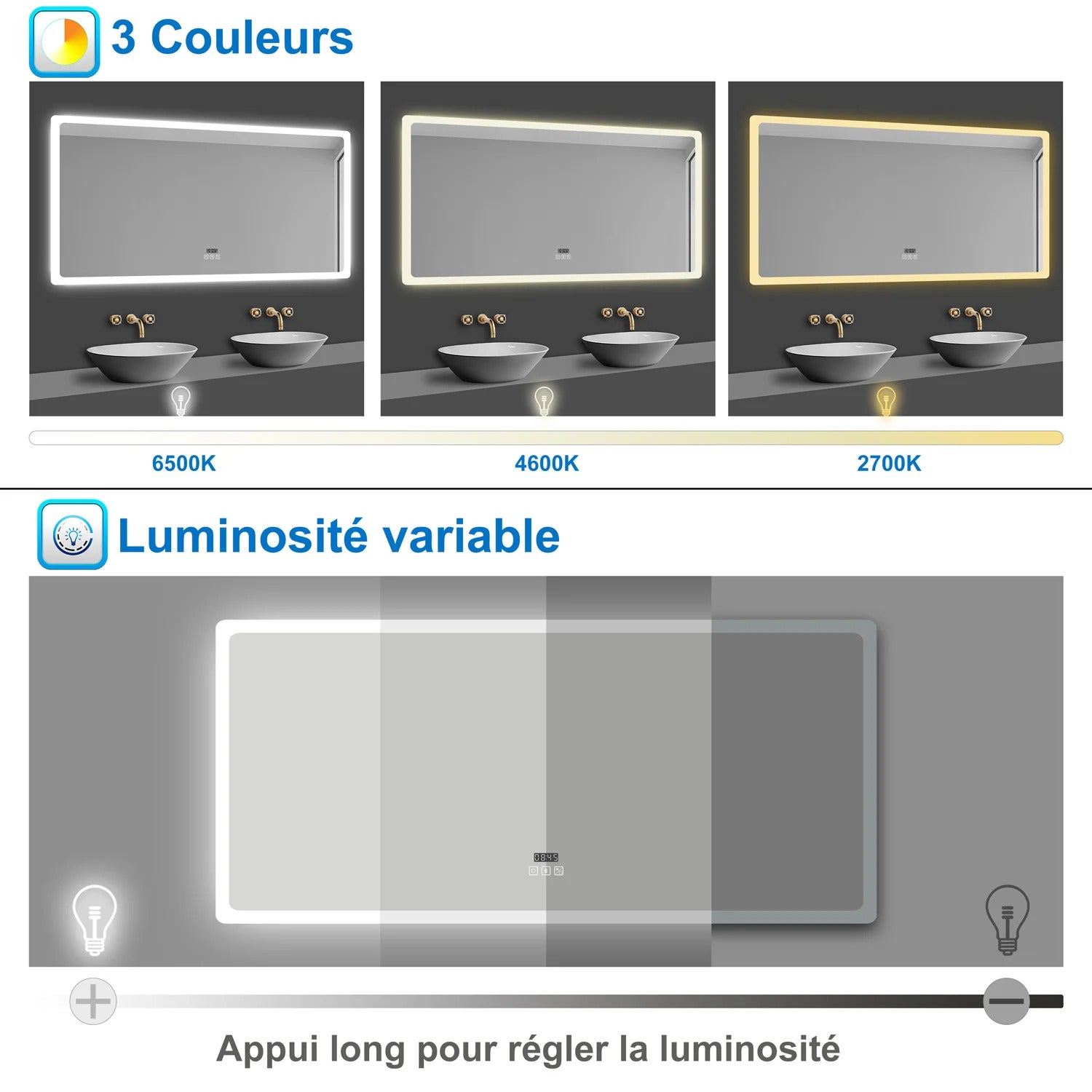 miroir avec haut-parleurs connectés en bluetooth lumière dimmable